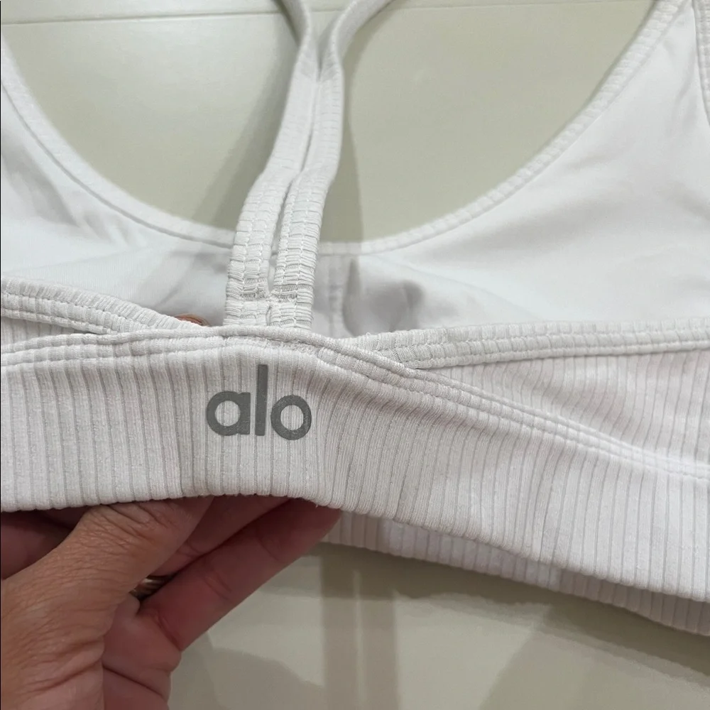 ALO Yoga White Ribbed Racerback Sports Bra
